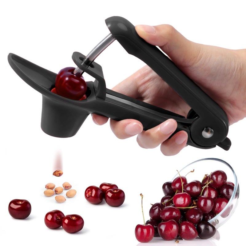 SCHVUBENR Cherry Pitter Tool - Stainless Steel Cherry Corer Pitter with Ergonomic Push Design - Easy to Use for Making Cherry Jam - Pit Cherry with Ease  Saving Time & Space with Lock Design(Black) - Image 1